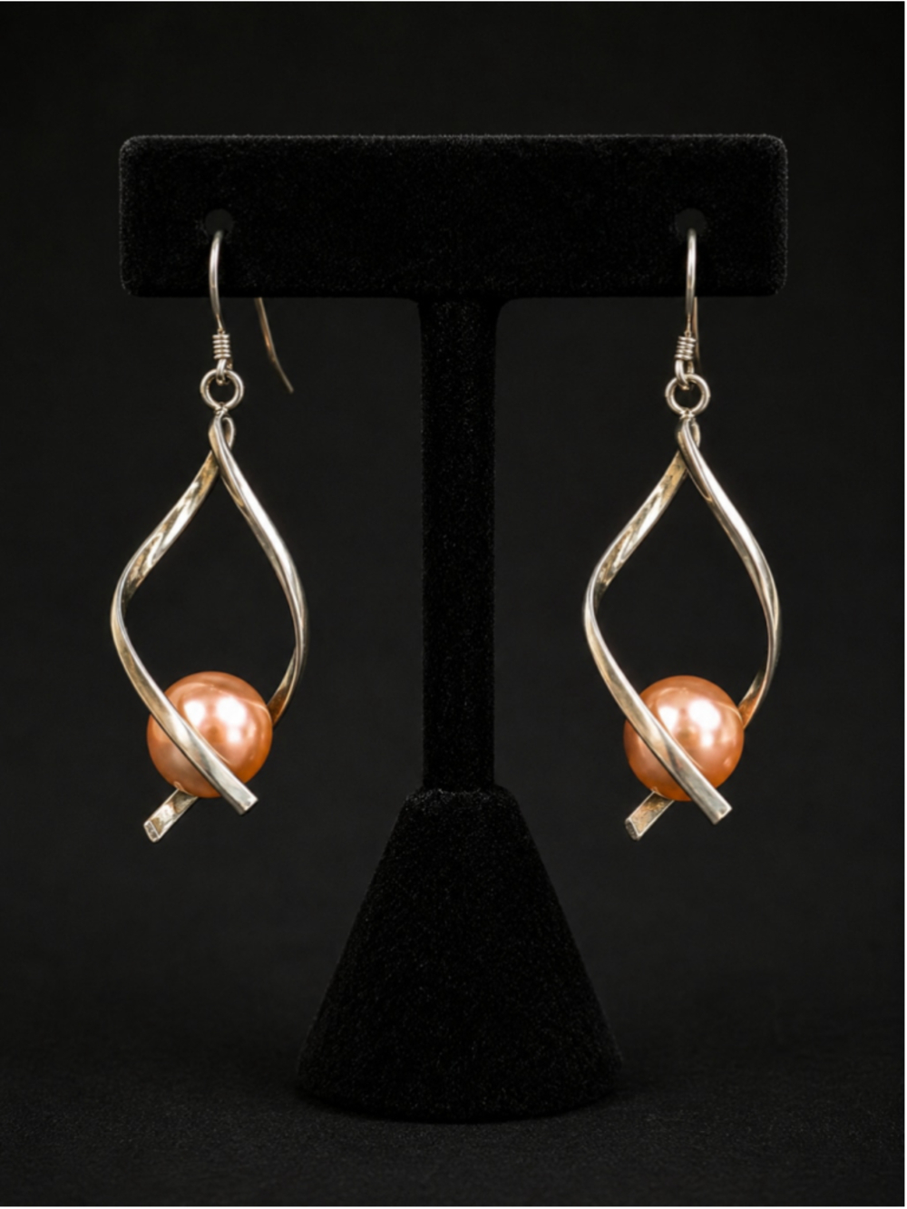 925 Sterling Silver Modernist Twist Dangle Earrings Peach Pearl Bead Drop